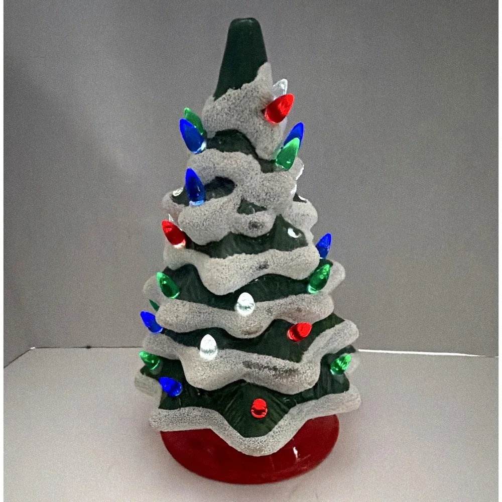 Vintage Style Flocked Ceramic Christmas Tree Light Up Tabletop Decor Green Red